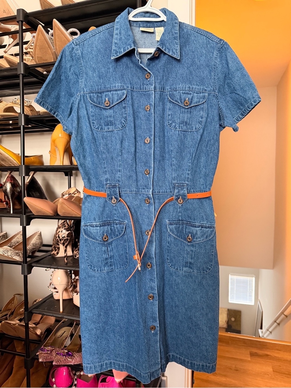 St. John's Bay Denim Blue Button-Front Shirt Dress with Orange Belt Size 16
